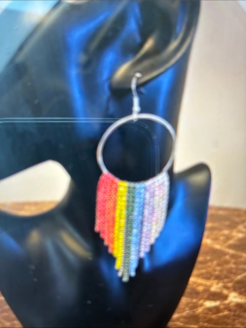 Silver Hoop Earrings with Rainbow Beaded Fringe - Women Jewelry
